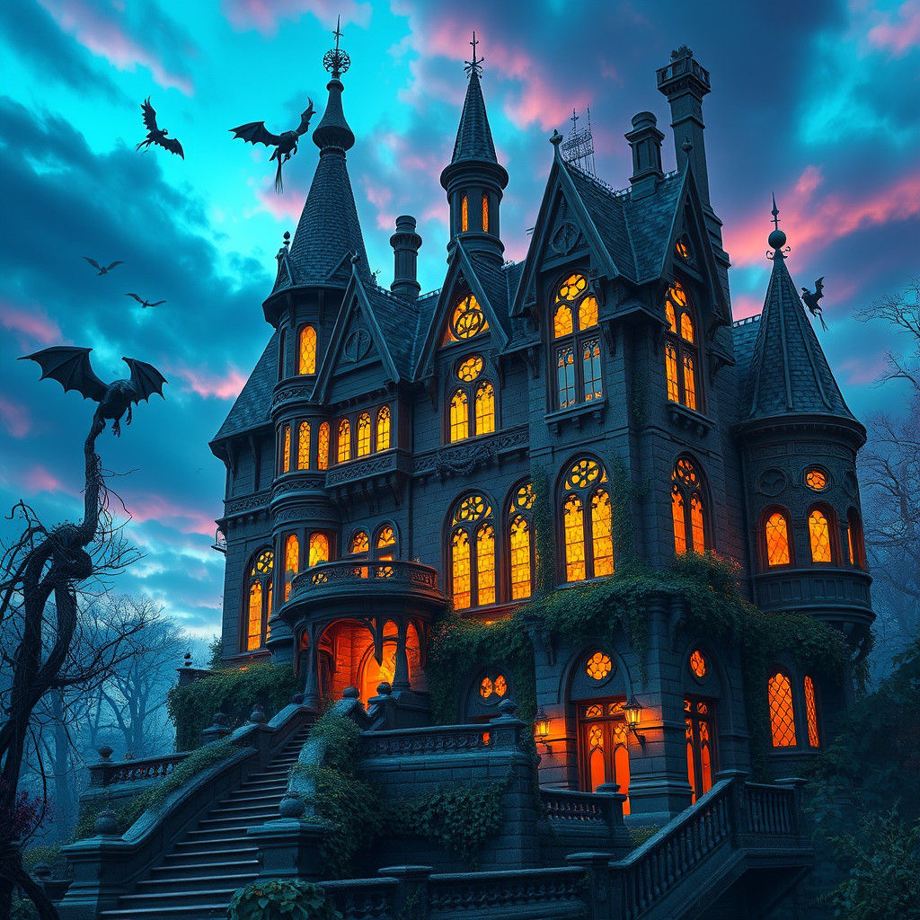 Mystical Mansion with Turrets in Fantasy Style