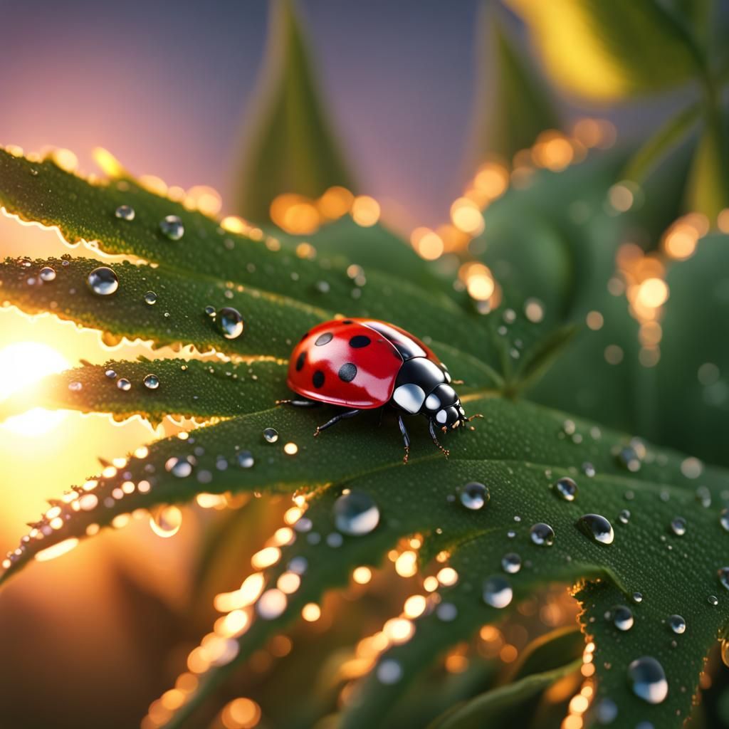 Ladybug Sunbathing on Dewy Marijuana Leaf