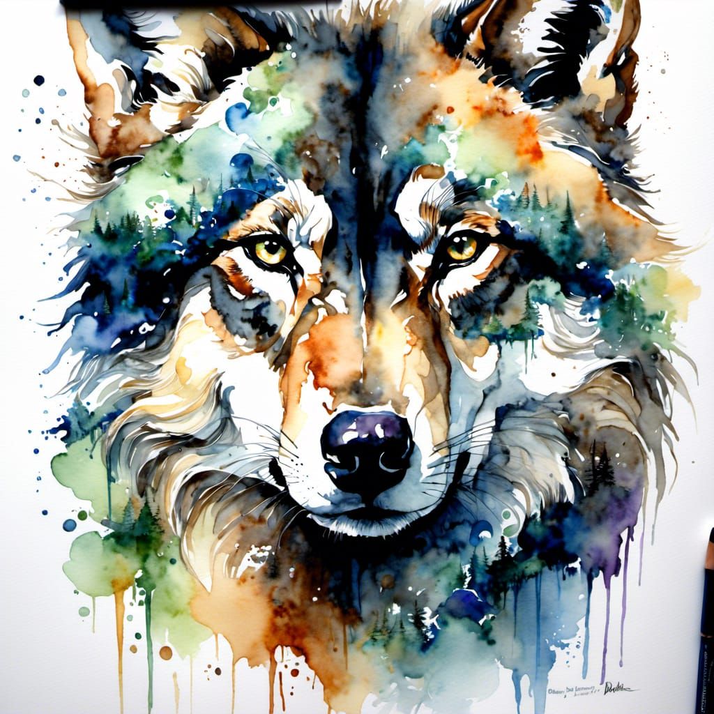 Dreamy Wolf Watercolour Illustration