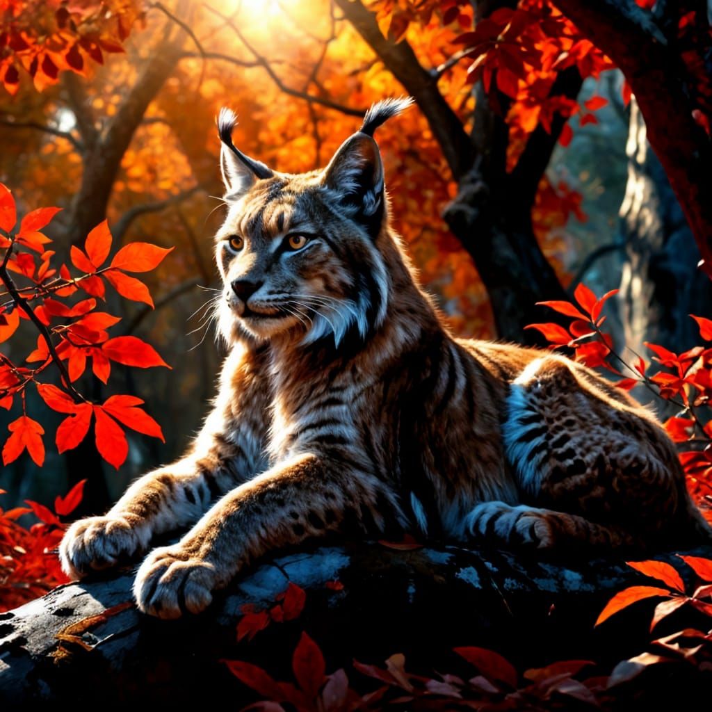 Fluffy Lynx Resting on Copper Beech Branch