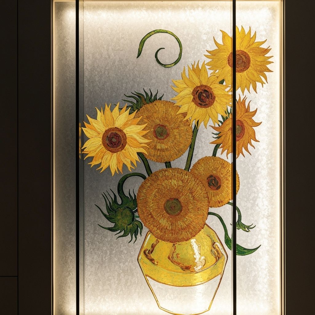 Etched Sunflowers on Frosted Glass in Van Gogh Style