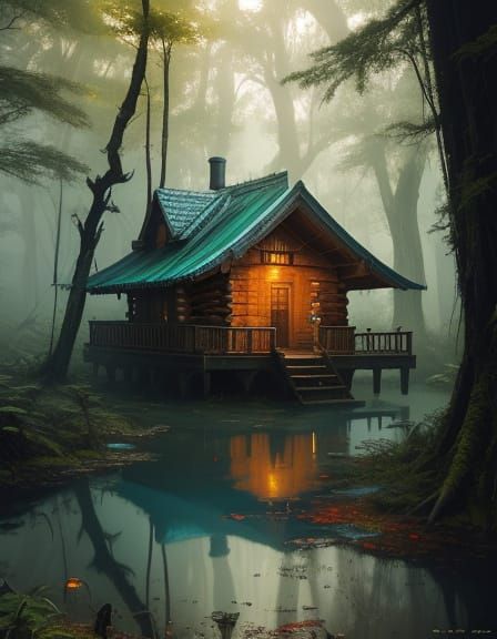 Lush Fungi Jungle Cabin Under Golden Light