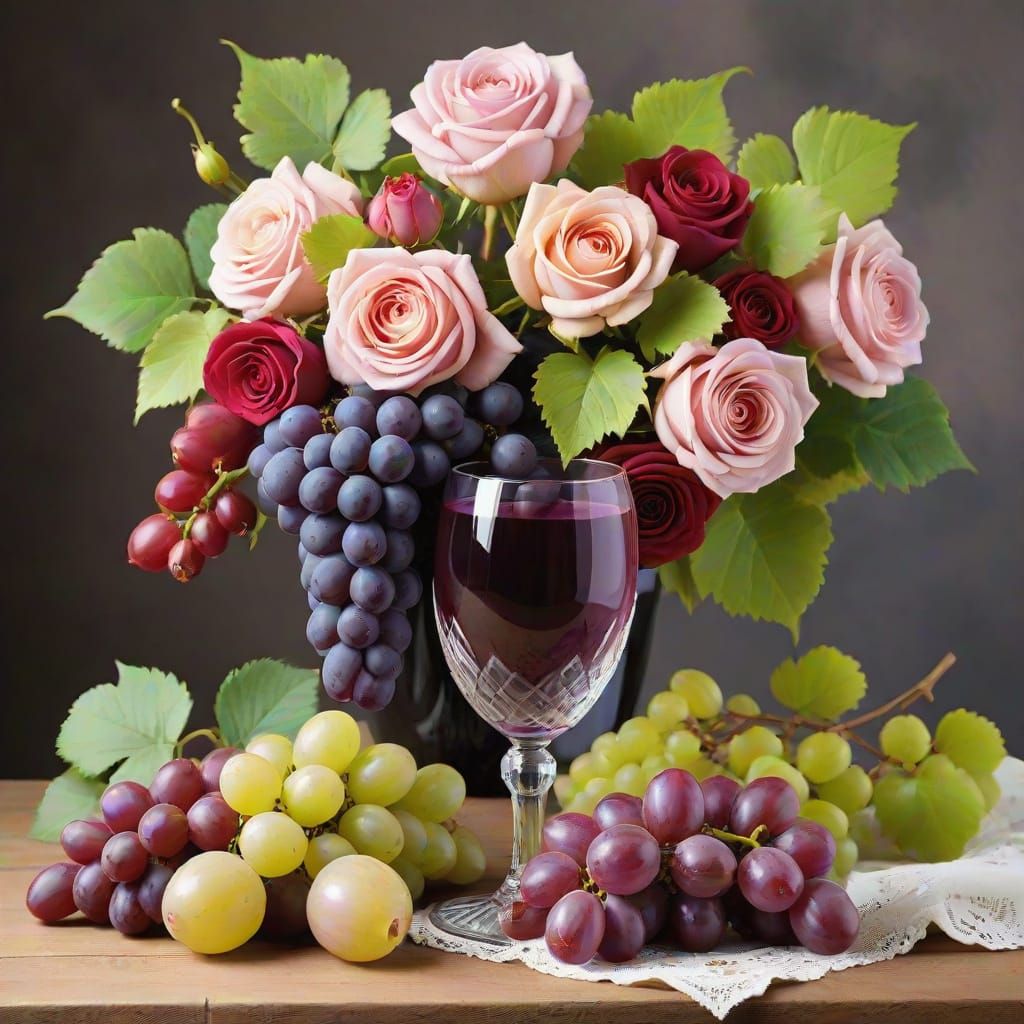 Grapes and Roses Still Life Composition