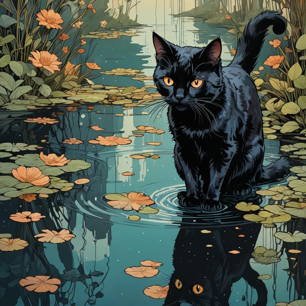 Black Cat Reaching to Reflection: Detailed Digital Art