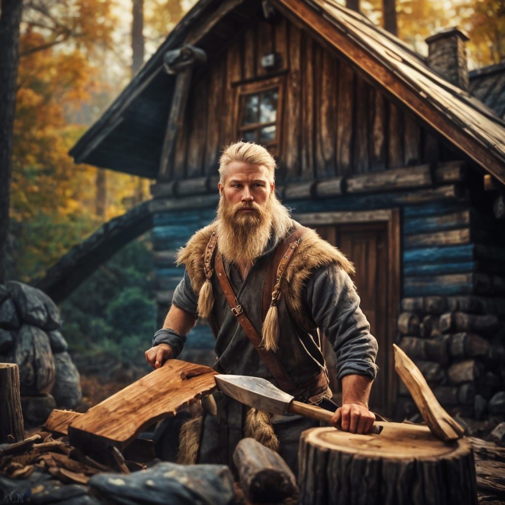 Hyperrealistic Viking Chopping Wood in the Woods