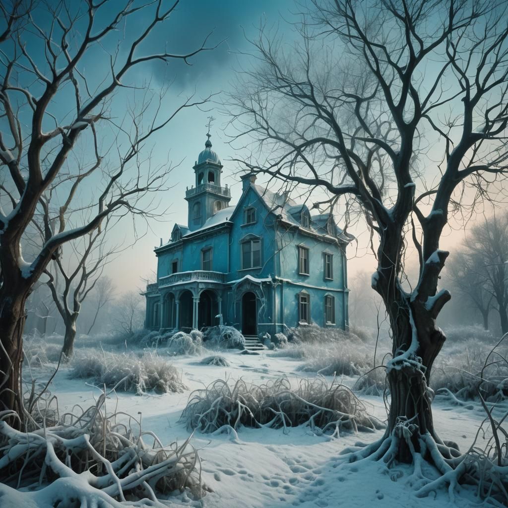 Frozen Dreamscape: Surreal Abandoned Cityscape in Icy Blue H...