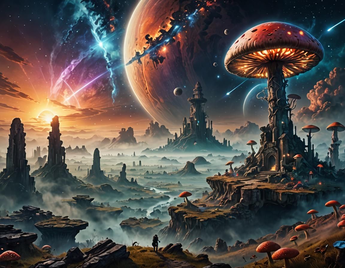 Cosmic Planet with Giant Mushrooms, Holographic Illustration