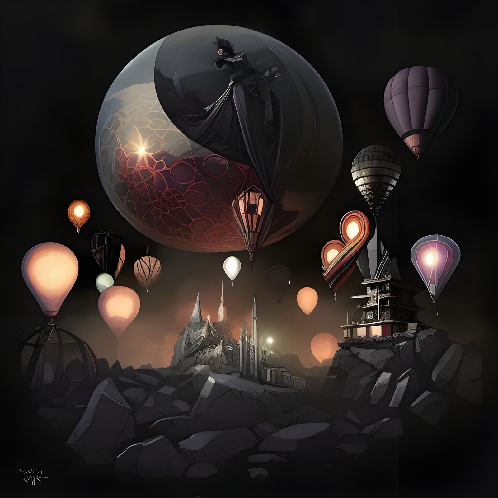 Glowing Hot Air Balloon in Flowerpunk Cyberpunk Style