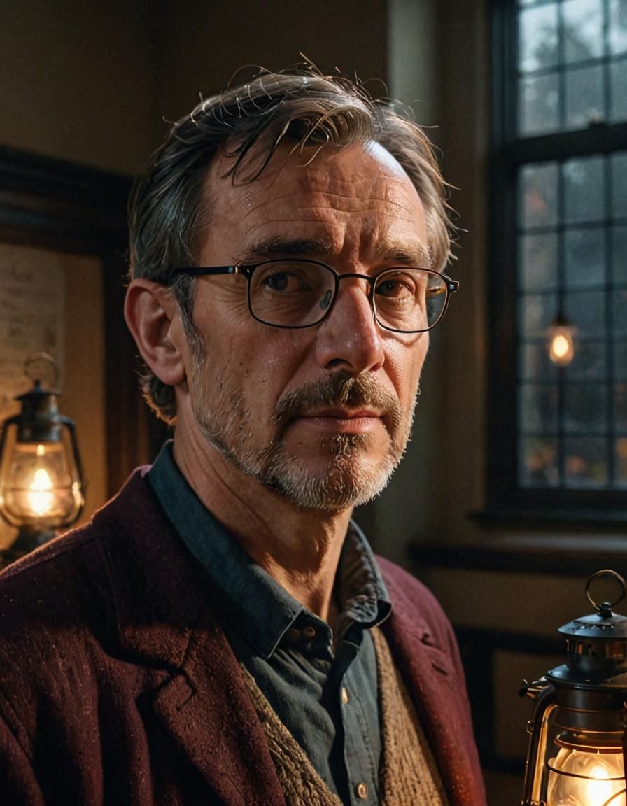 Mystical Professor Portrait in Dimly Lit Classroom