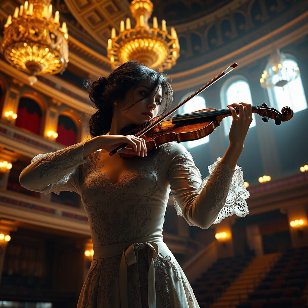 Elegant Woman Performs in Grand Concert Hall