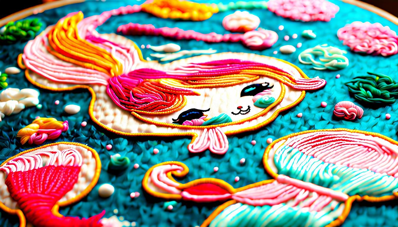 Kawaii 3D Mermaid Embroidery on Silk Art