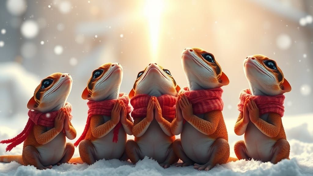 Baby Geckos Praying in Snowy Winter Scene