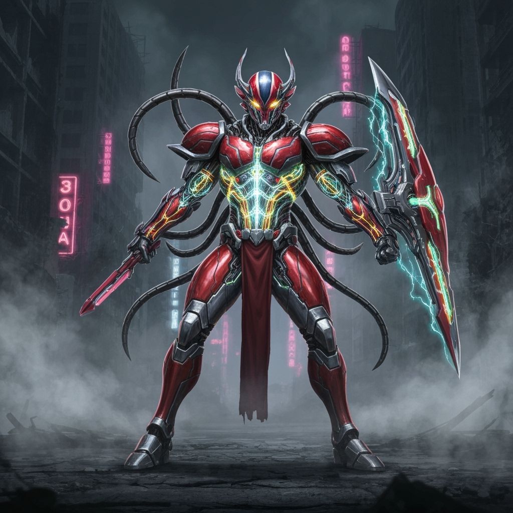 Armored Guyver Warrior in Cyberpunk Cityscape