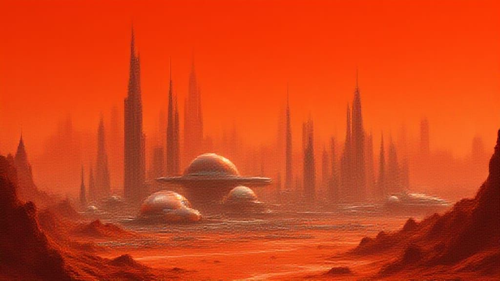 Vibrant Martian Metropolis in Retro-Futuristic Style