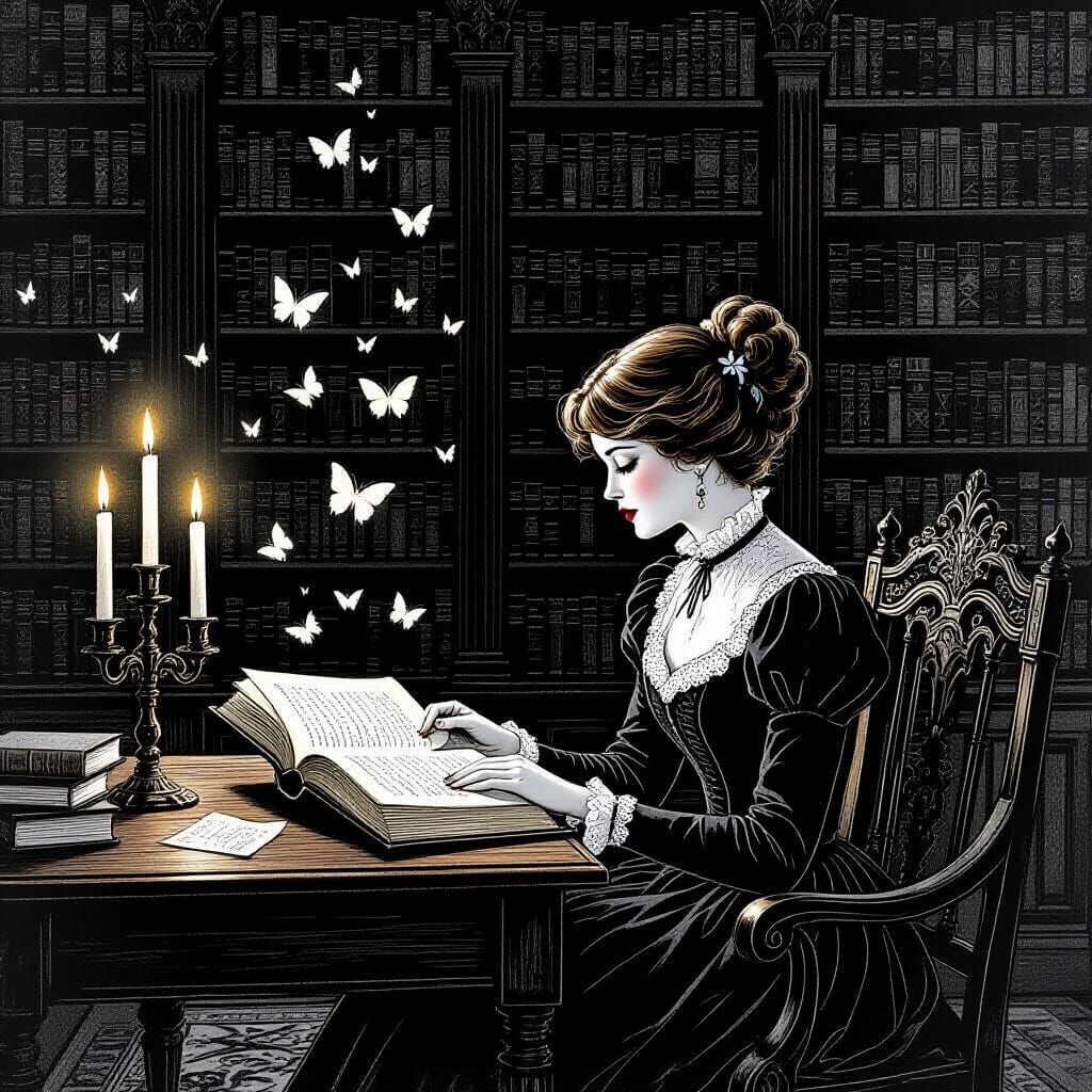Victorian Library with Butterflies in Black and White