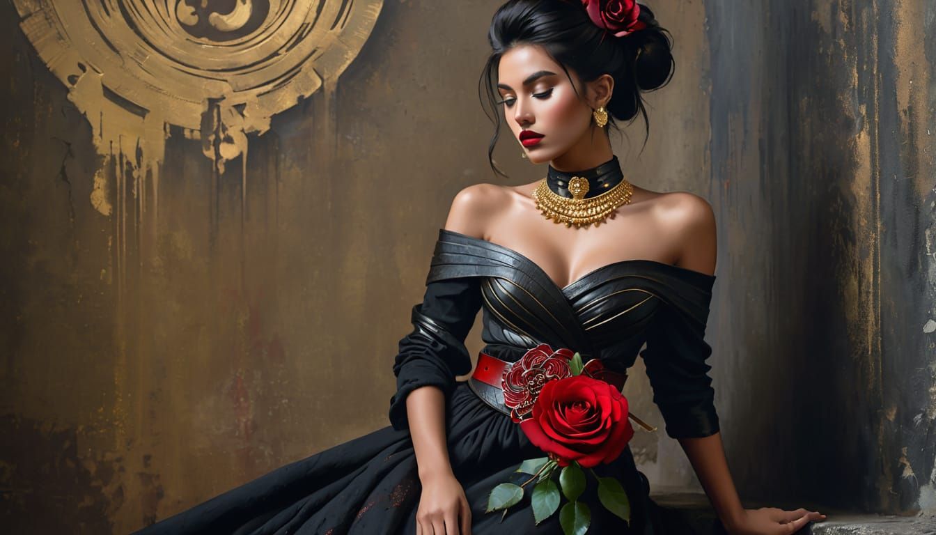 Elegant Woman in Red Gown: Gouache Oil Painting