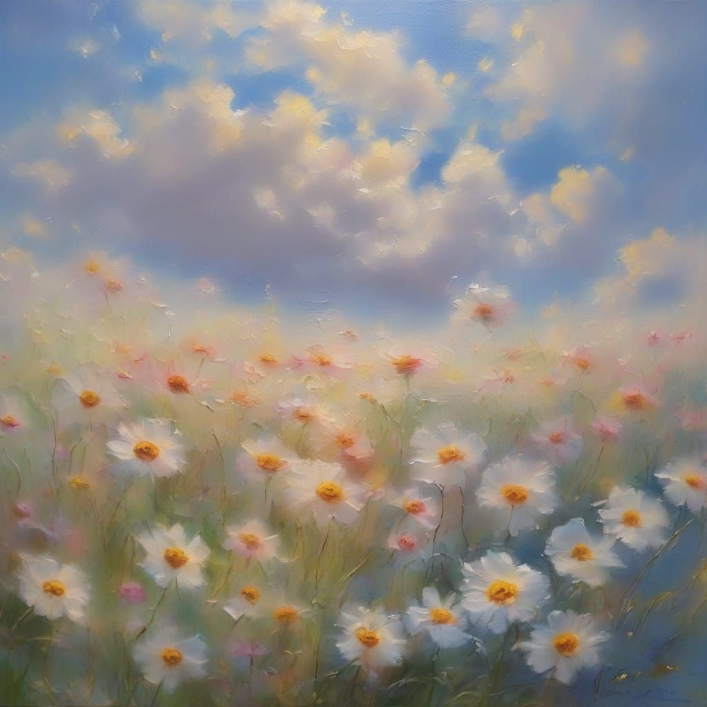Impressionist Flowers Bloom Under Blue Skies