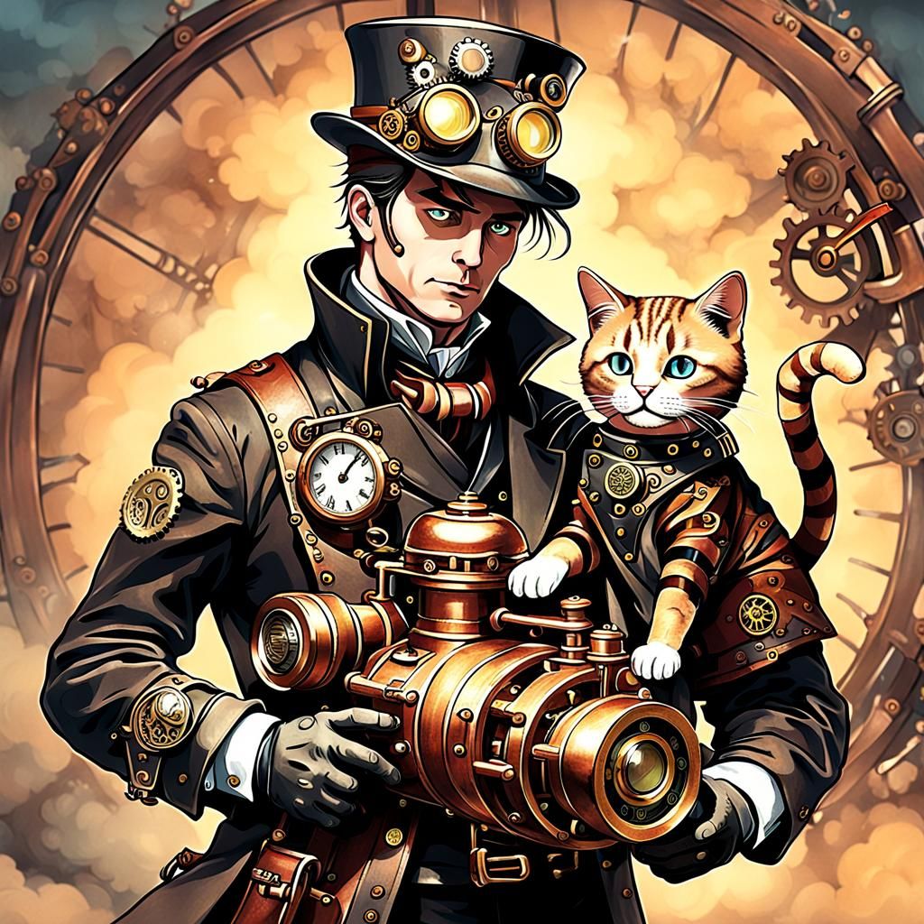 Steampunk Man with Cat and Engine