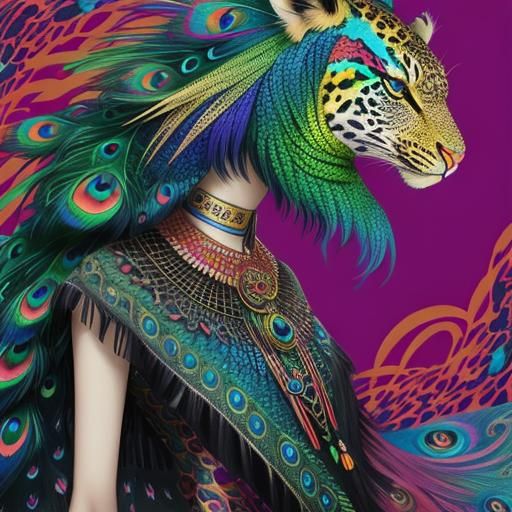 Asian Woman with Dragon Scales and Peacock Hair