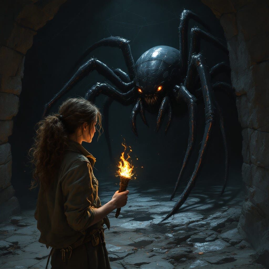 Mysterious Woman Discovers Nightmarish Spider in Dark Alcove