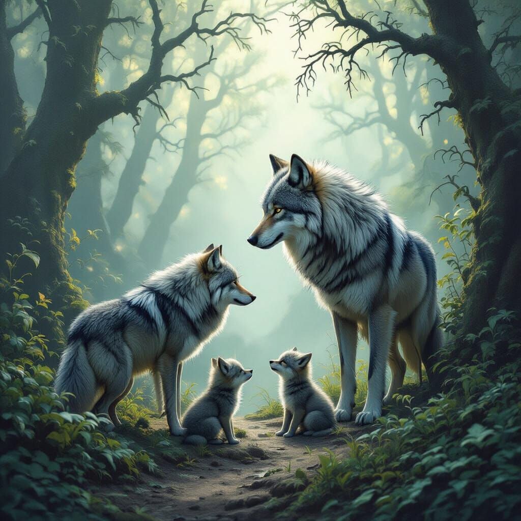 Father Wolf Protecting Cubs in Mystic Forest