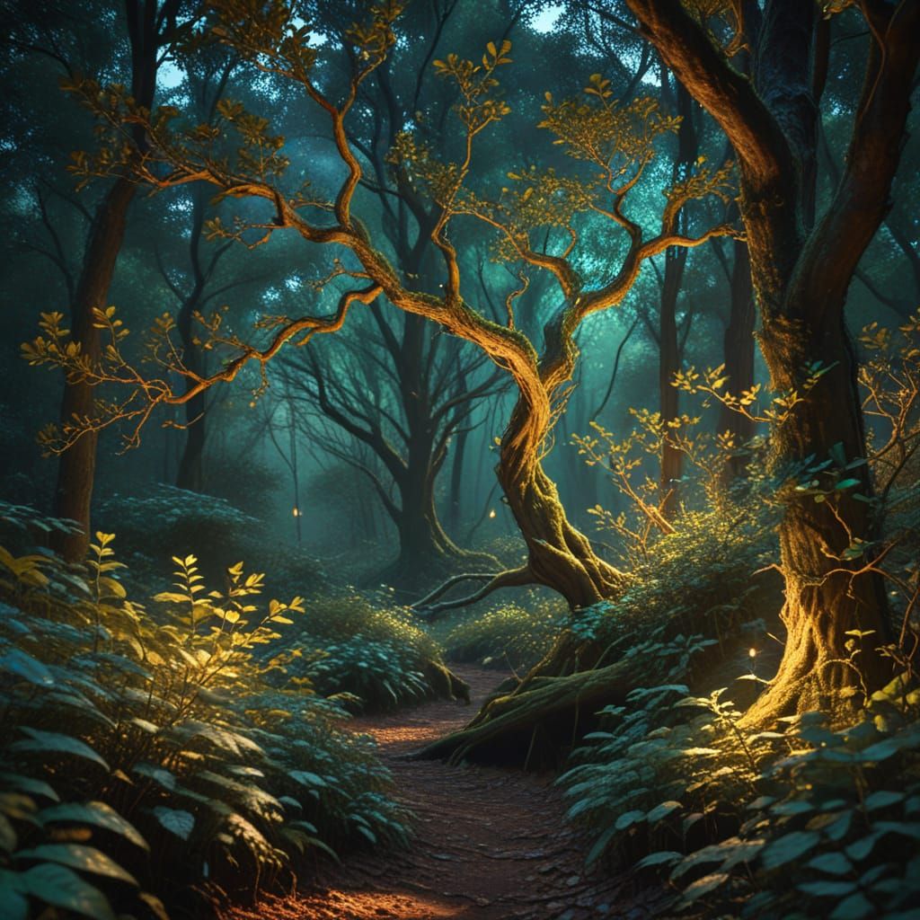 Figure Walks Through a Vibrant, Ethereal Forest at Dusk