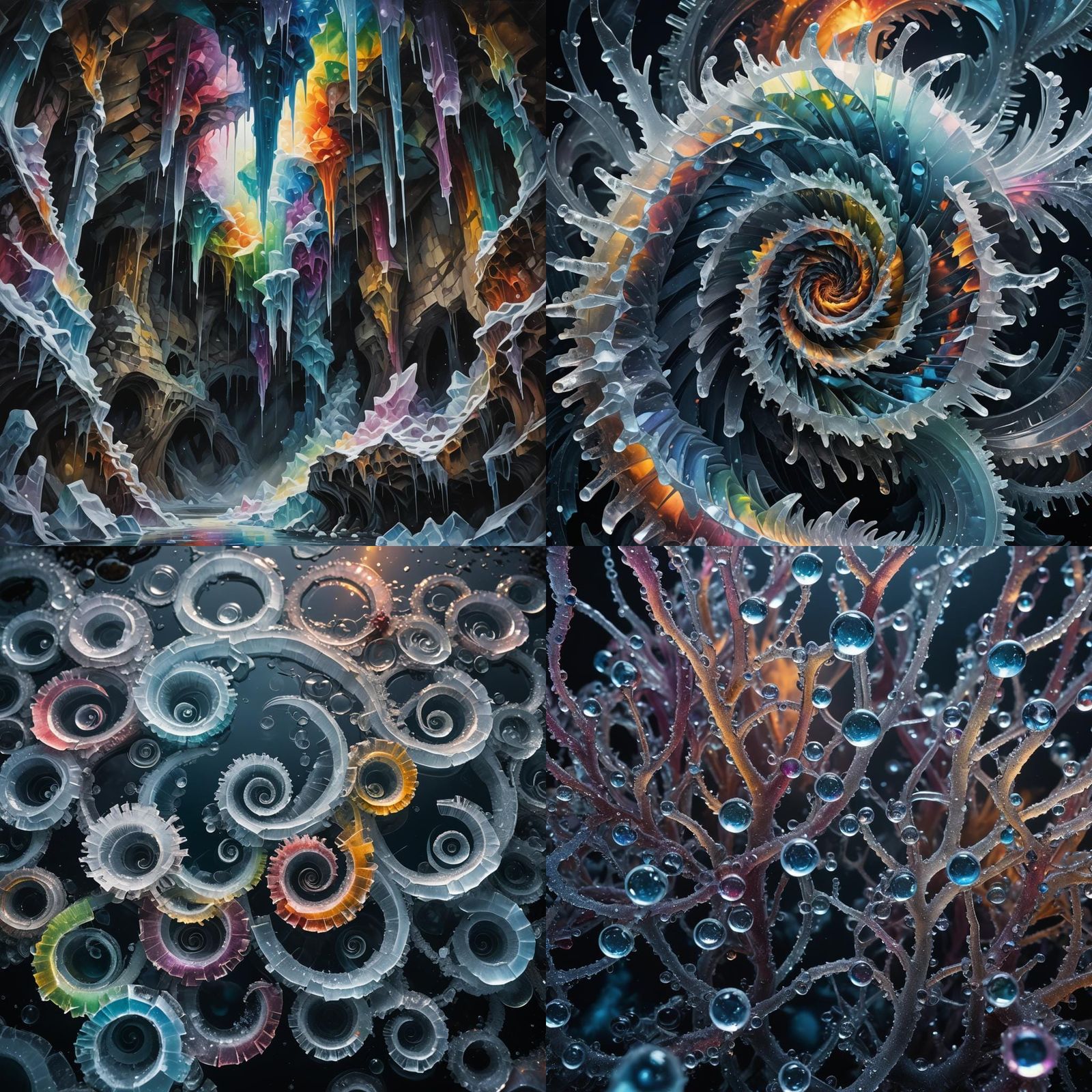 Crystallized Rainbow Ice Spirals: Sinister Fantasy Art