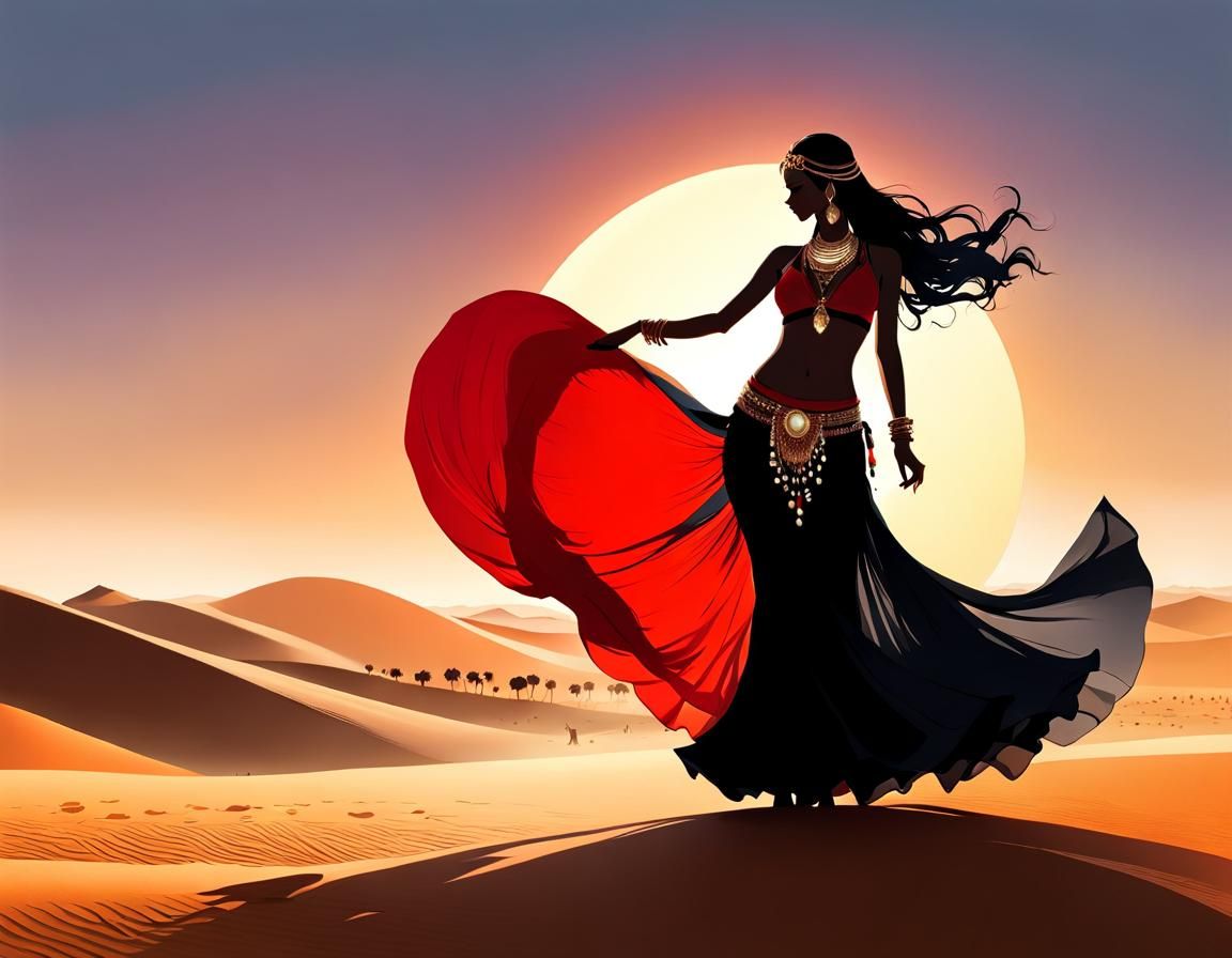 Sahara Belly Dancer Silhouette: Anime Style Illustration