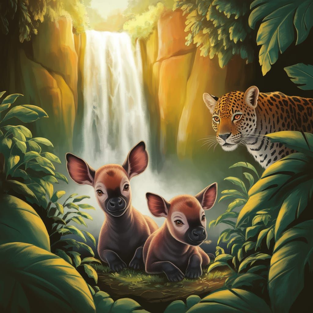 Okapi in Rainforest Illustration with Waterfall