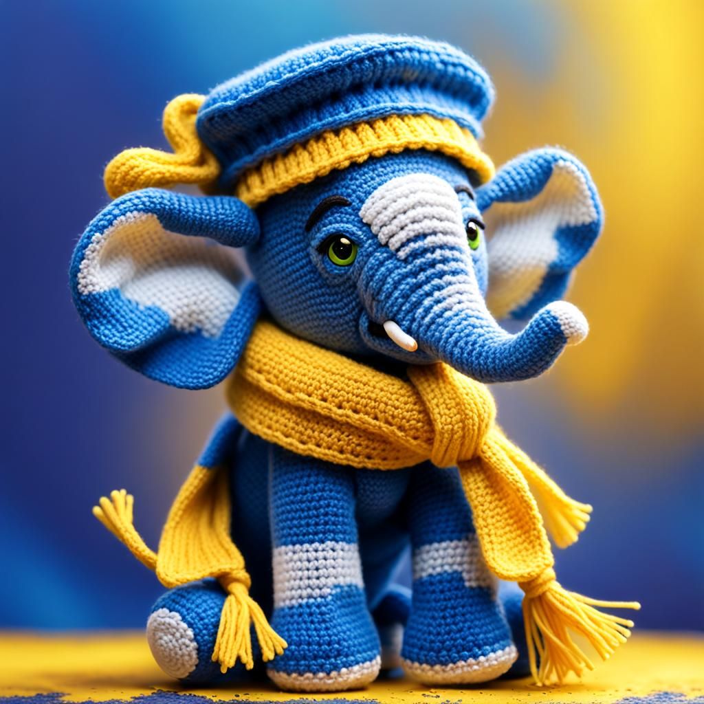 Cobalt Blue Amigurumi Elephant with Yellow Accessories