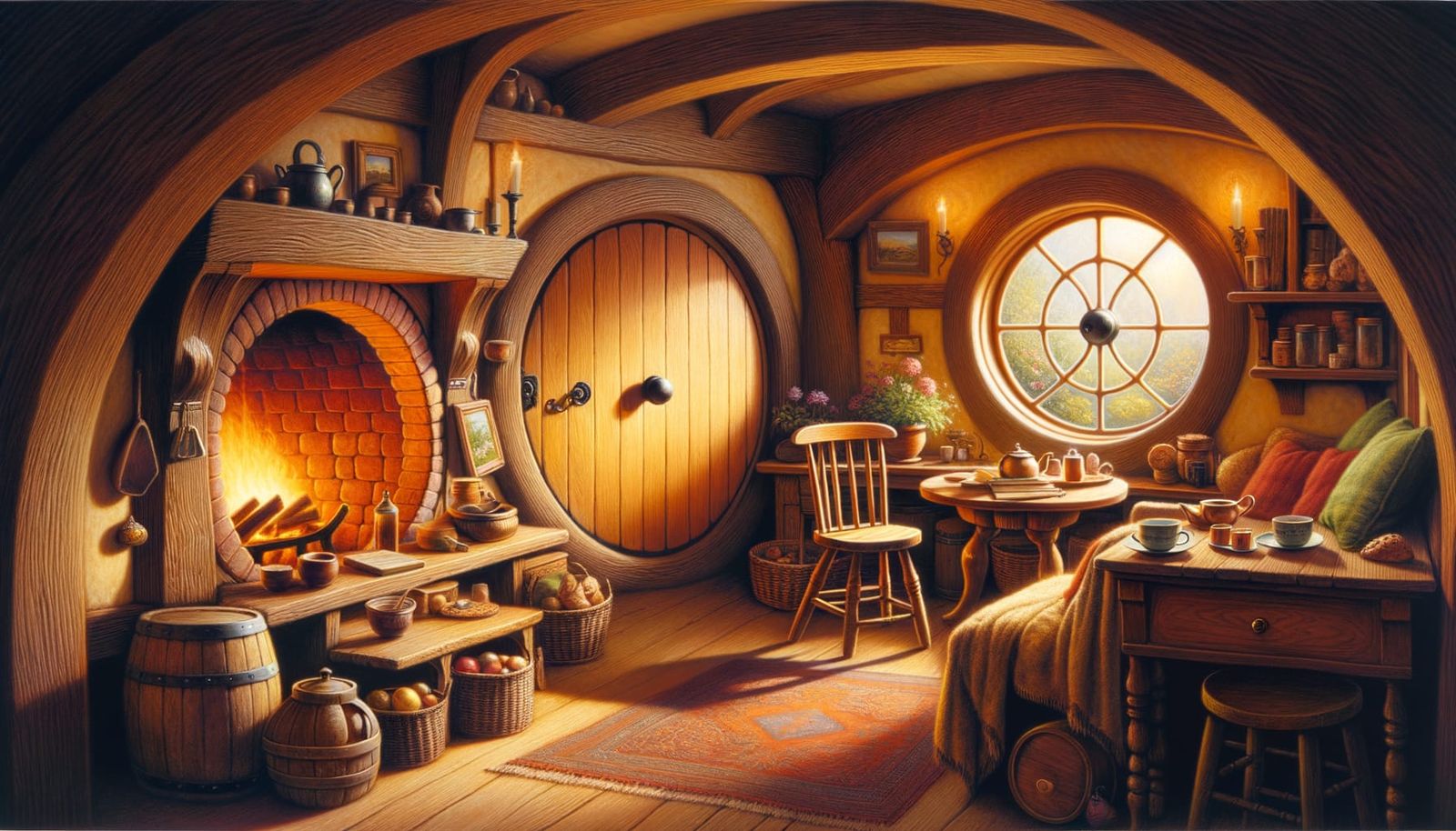Cozy Hobbit-Hole Interior with Fireplace and Pantry