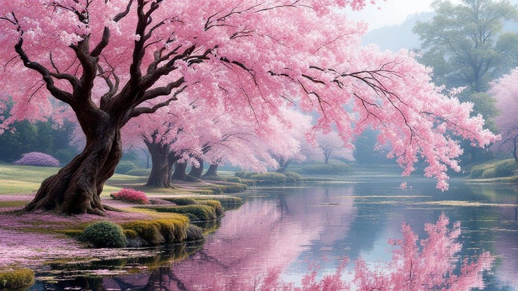 Sakura Blossom Trees Reflected in Serene Pond Waters