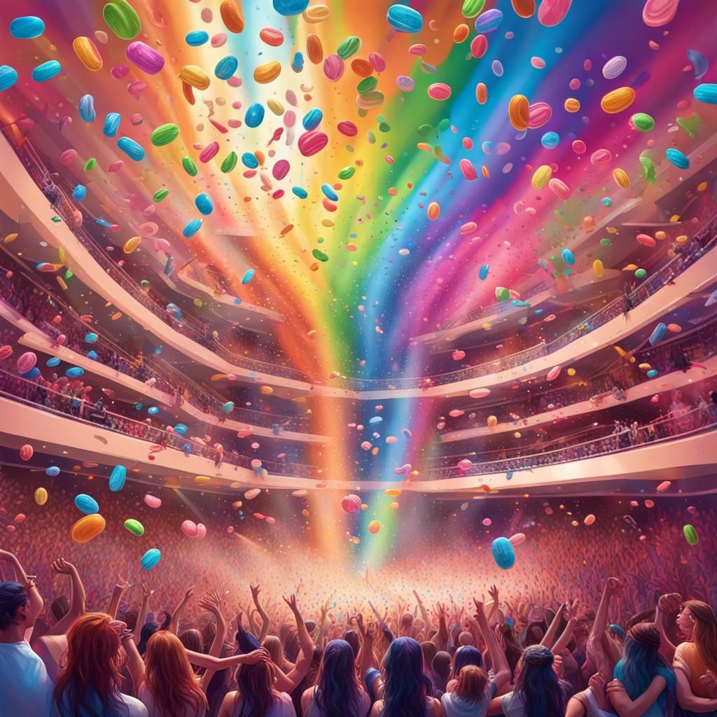 Rainbow Confetti Rain on Rock Band, Candy Art