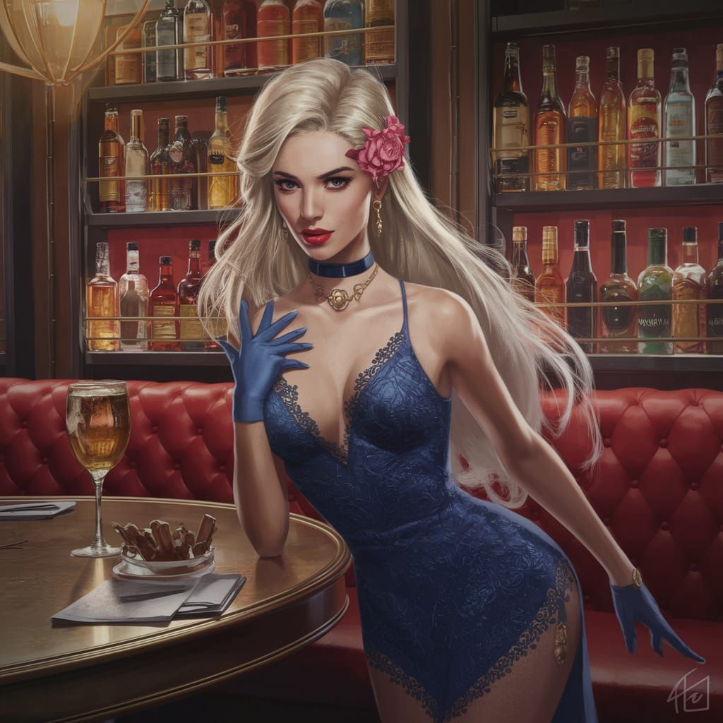 Sultry Fantasy Femme Fatale in a Smoky Bar