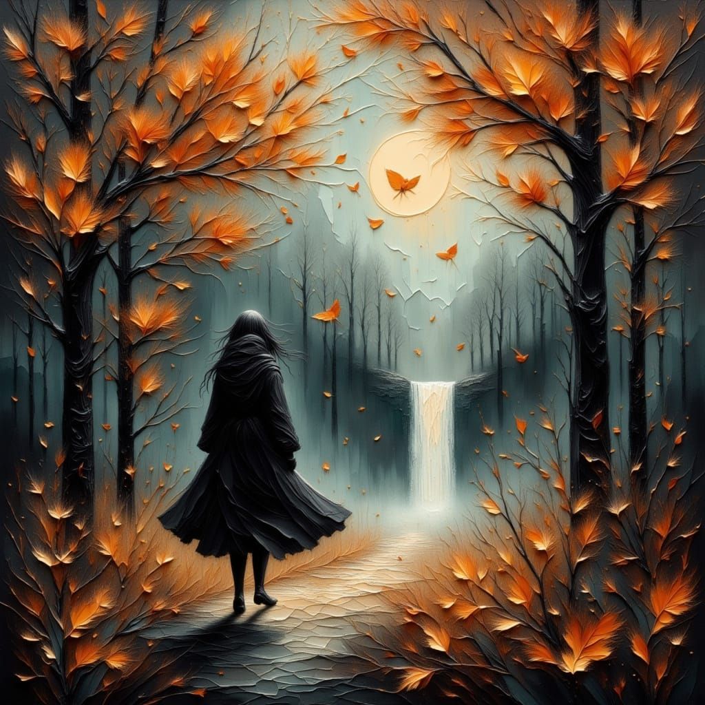 Autumn Forest with Data Leaves and Mysterious Figure