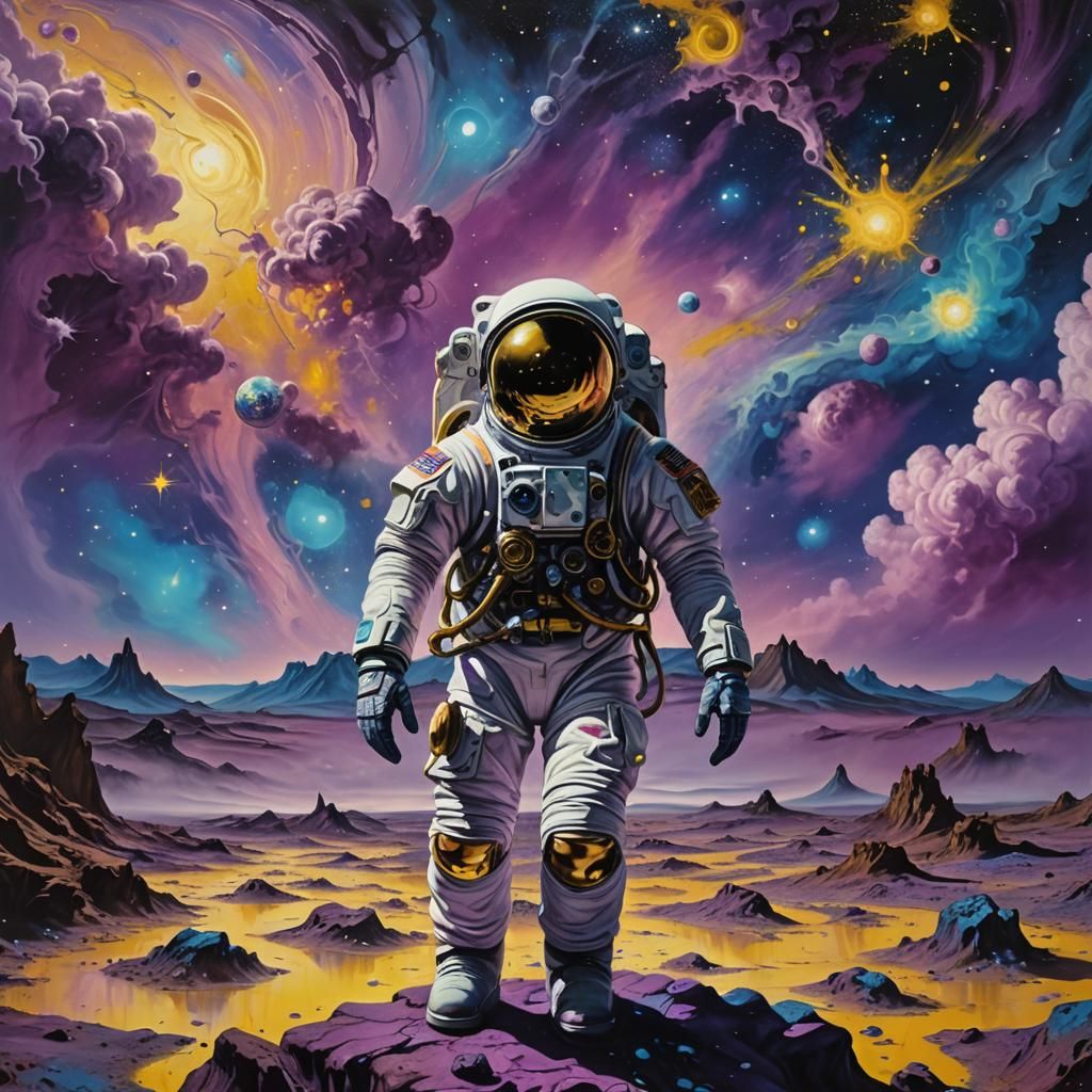Astronaut in Cosmic Wilderness: A Surreal Oil Painting