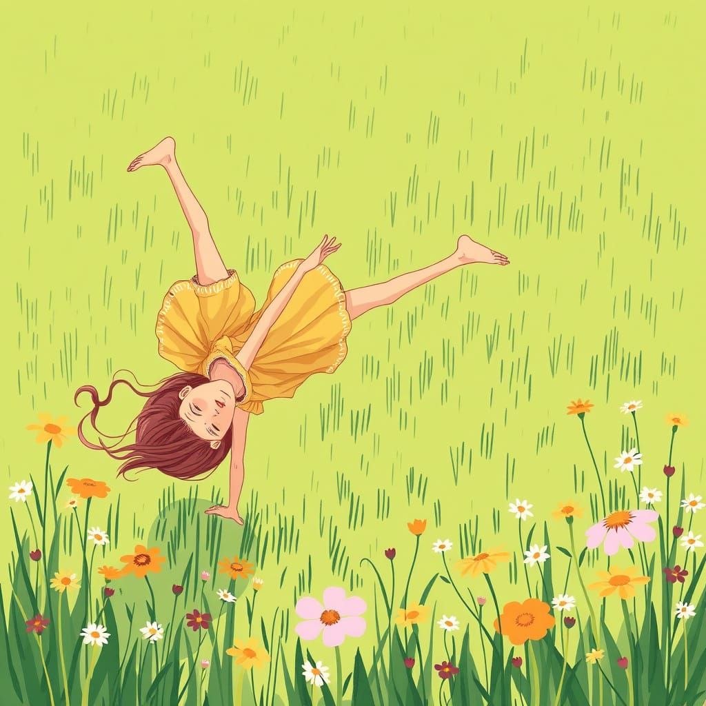 Girl Doing Cartwheels in Whimsical Meadow Art