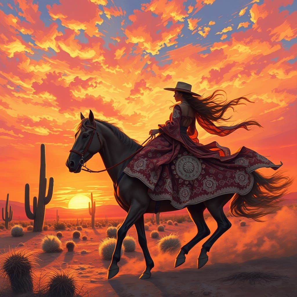 Cowgirl Rides Off into a Vibrant Sunset Desert Landscape