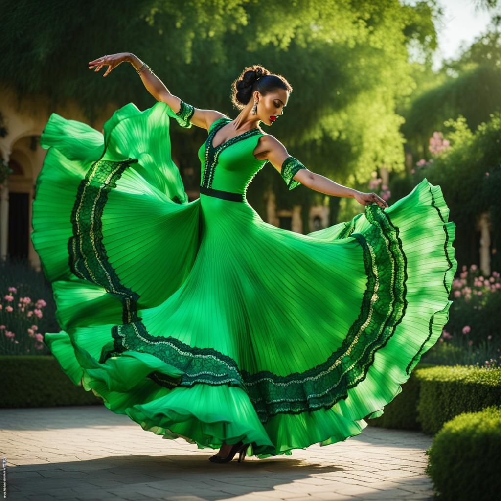 Woman Dancing in Green Flamenco Dress