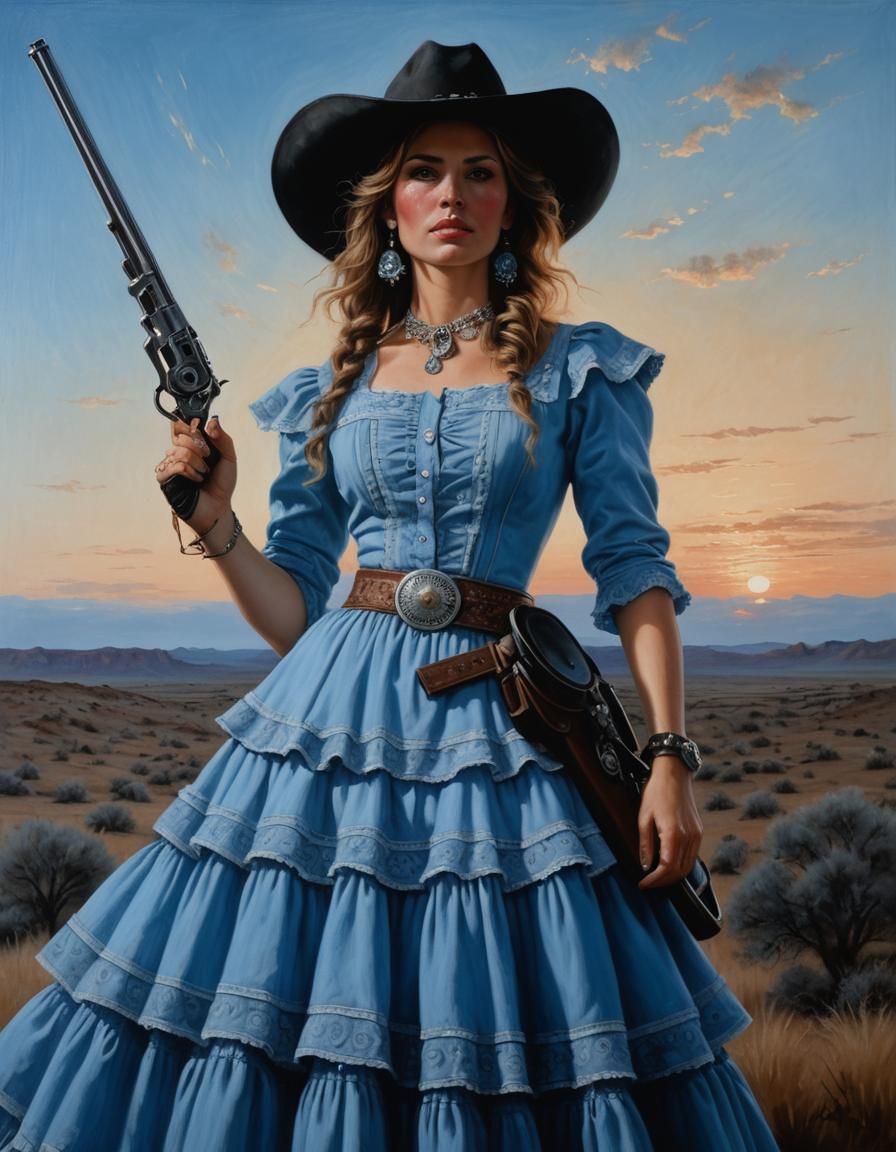 Cowgirl Portrait with Magnum Revolver in Oil Paint Style