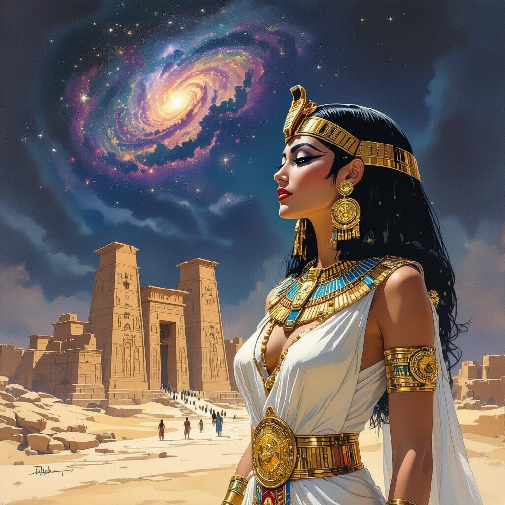 Cleopatra Before Egyptian Temple in Galactic Nebula