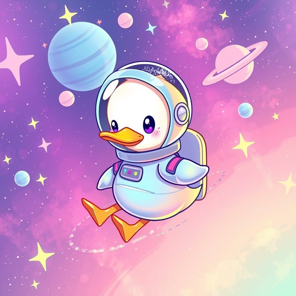 Whimsical Space Duck in Iridescent Spacesuit