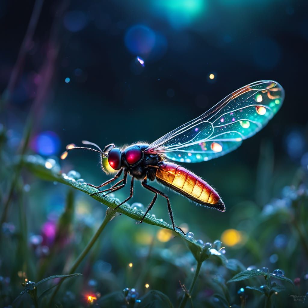 Rainbow Firefly in Moonlit Meadow, Ethereal Fantasy Art