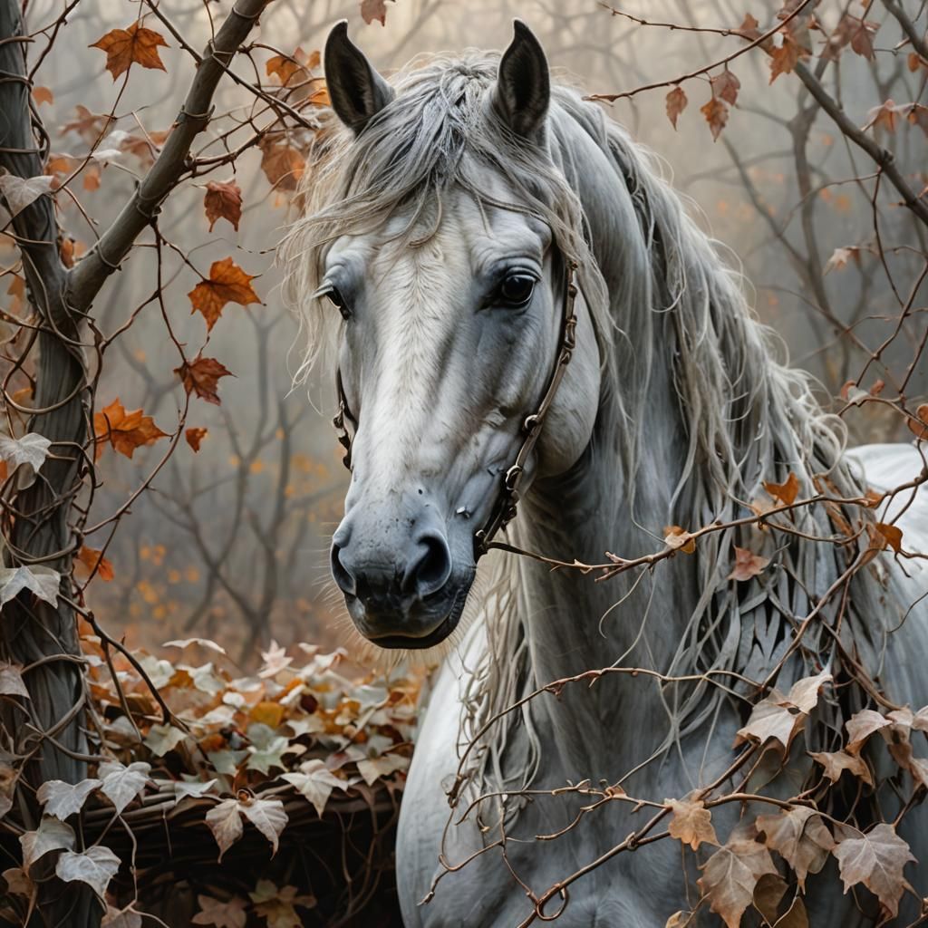 Grey horse in autumn vines