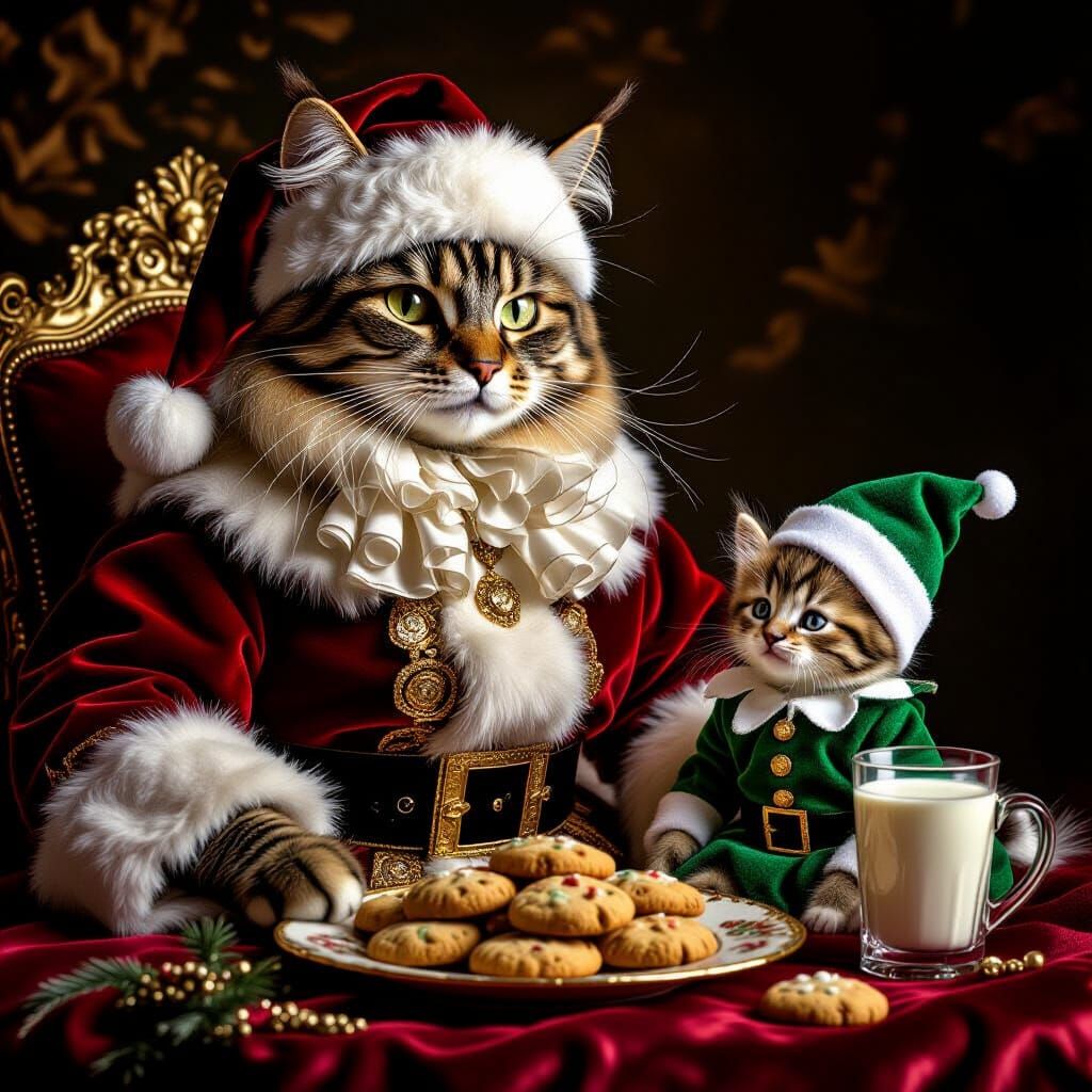 Regal Baroque Cat in Santa Costume with Elf Kitten