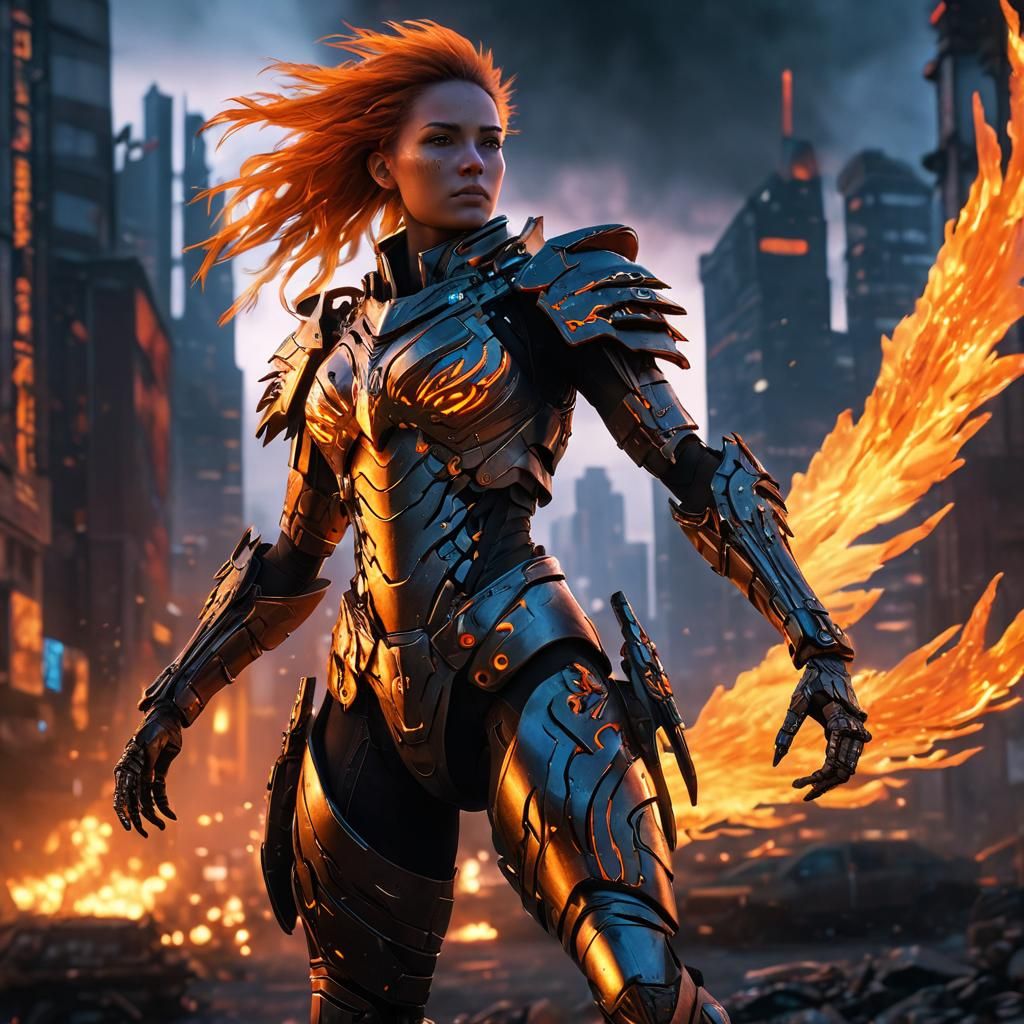 Cyberpunk Phoenix Warrior in Fiery Cityscape