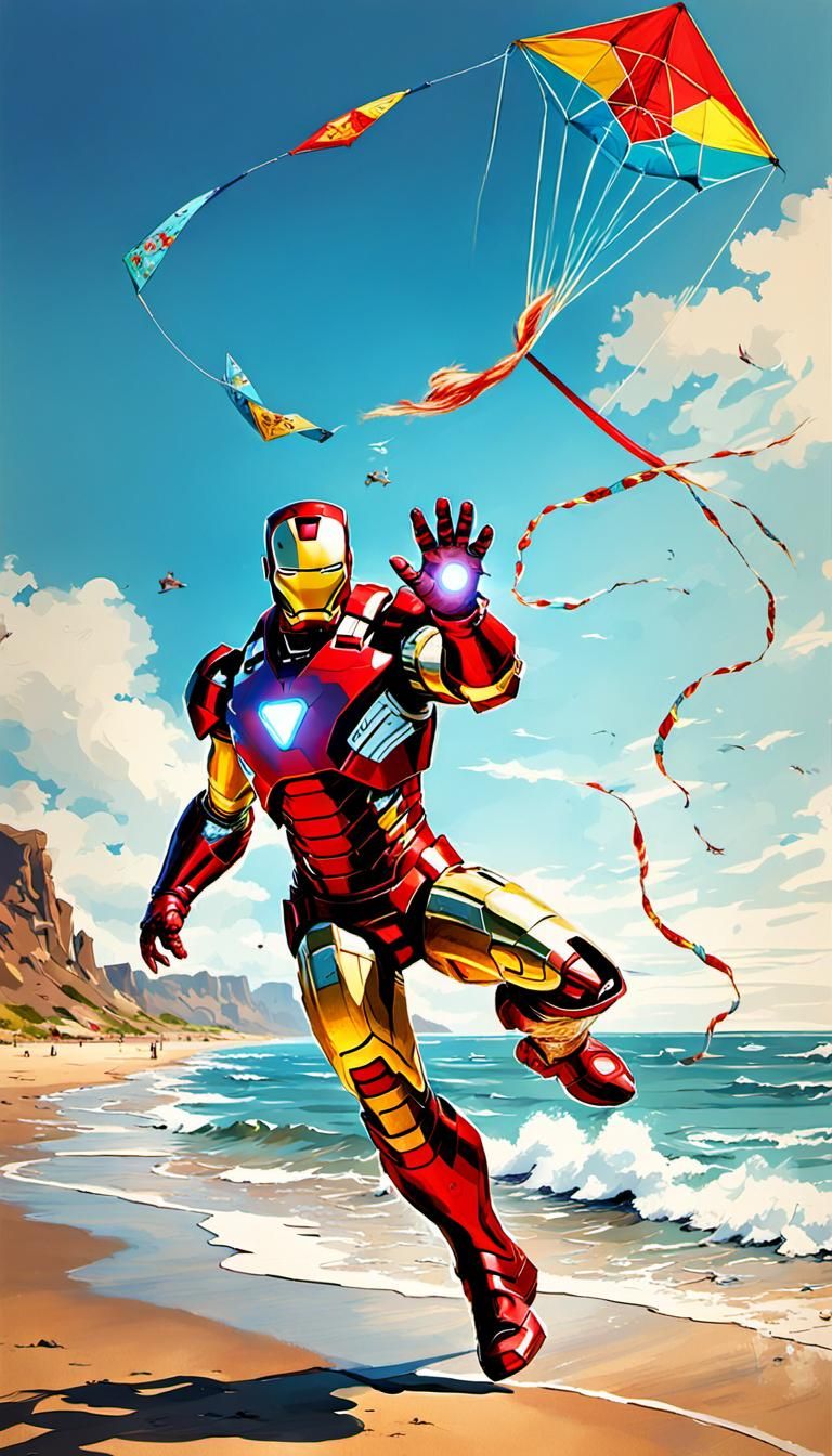 Iron Man on holiday, flying a kite ...and letting go of it! ...