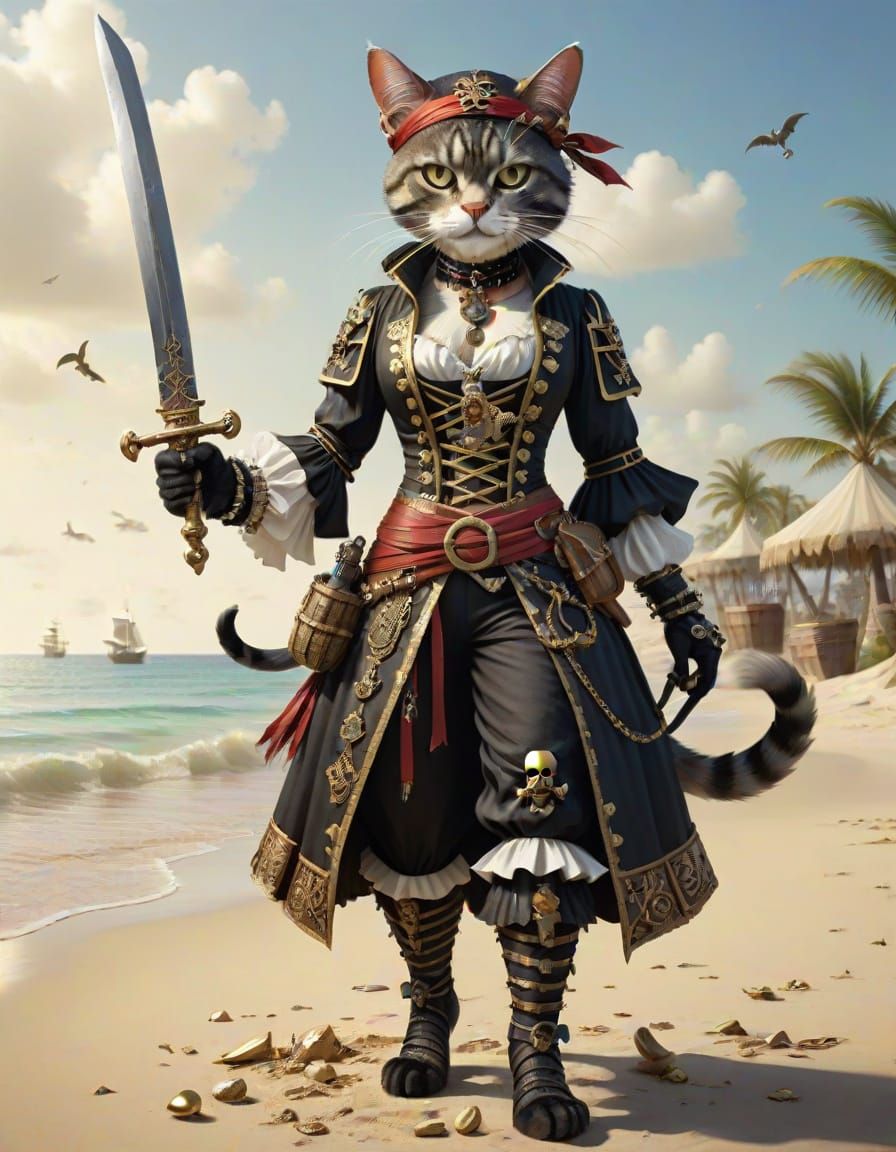 Elegant Feline Pirate with Ornate Sword on Beach