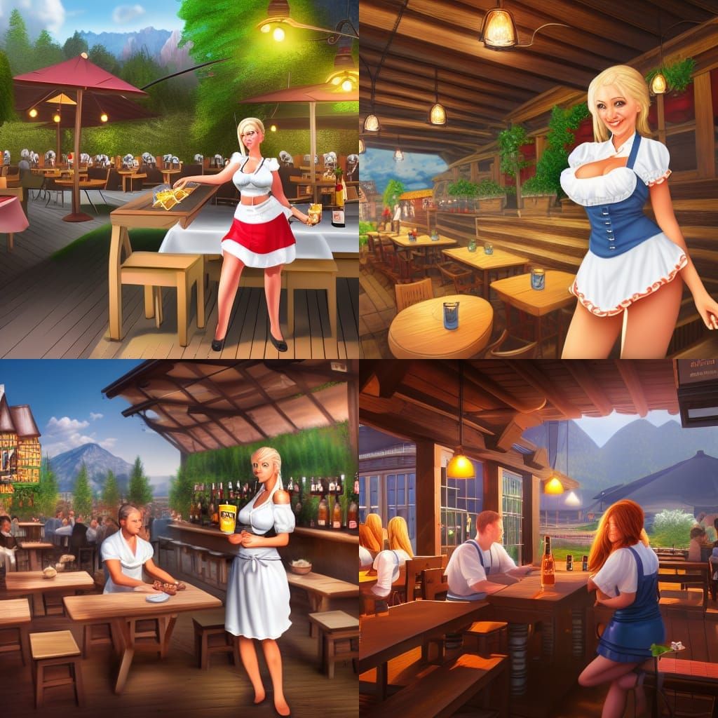 German Beer Garden Scene in Summer Landscape