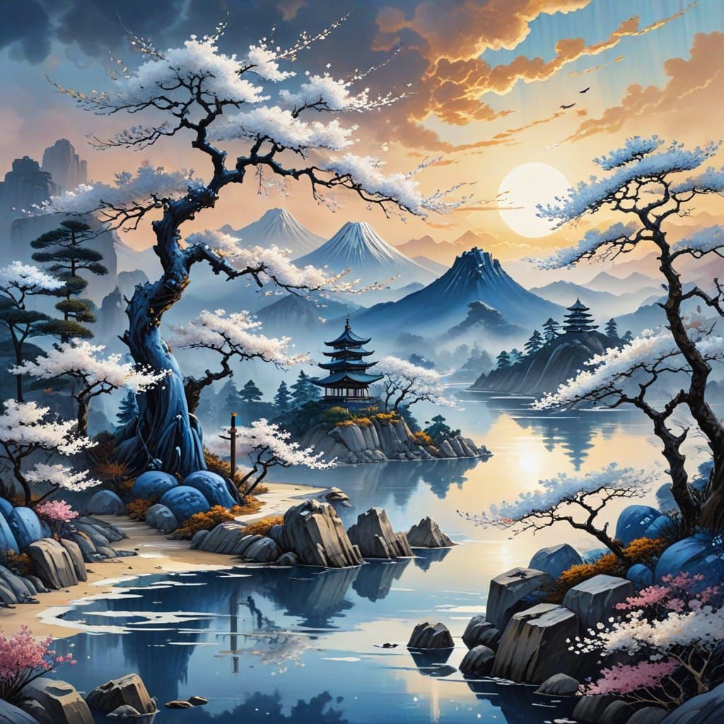 Zen Garden Sunset: Chinese Ink Winter Landscape